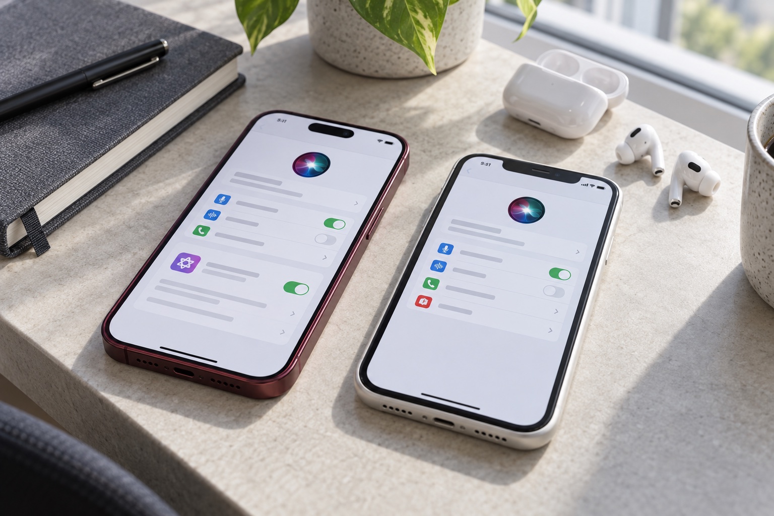 Экран новой Siri на iPhone рядом с MacBook в светлой рабочей обстановке