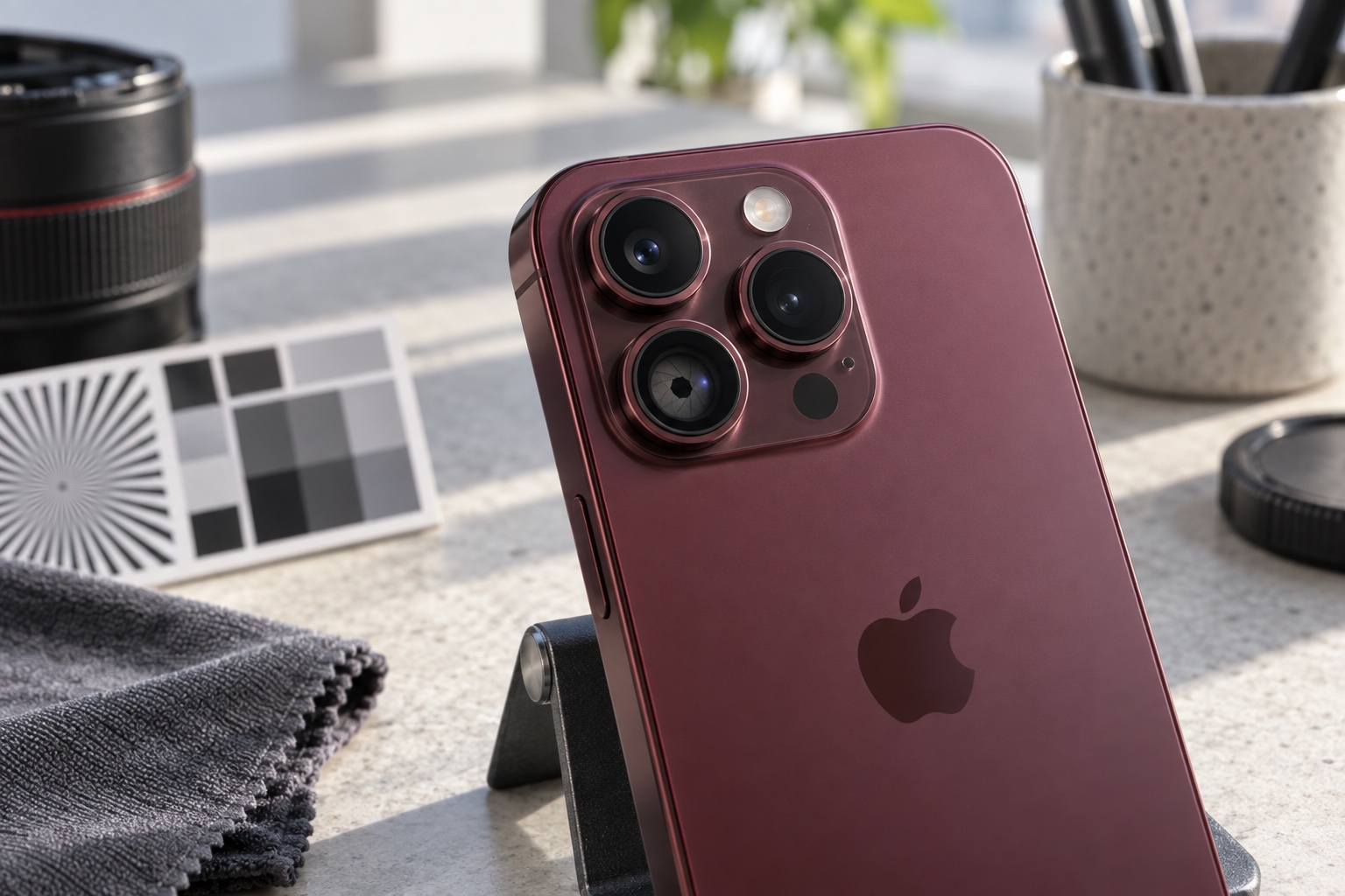 Механизм переменной диафрагмы камеры iPhone 18 Pro в светлой предметной съёмке