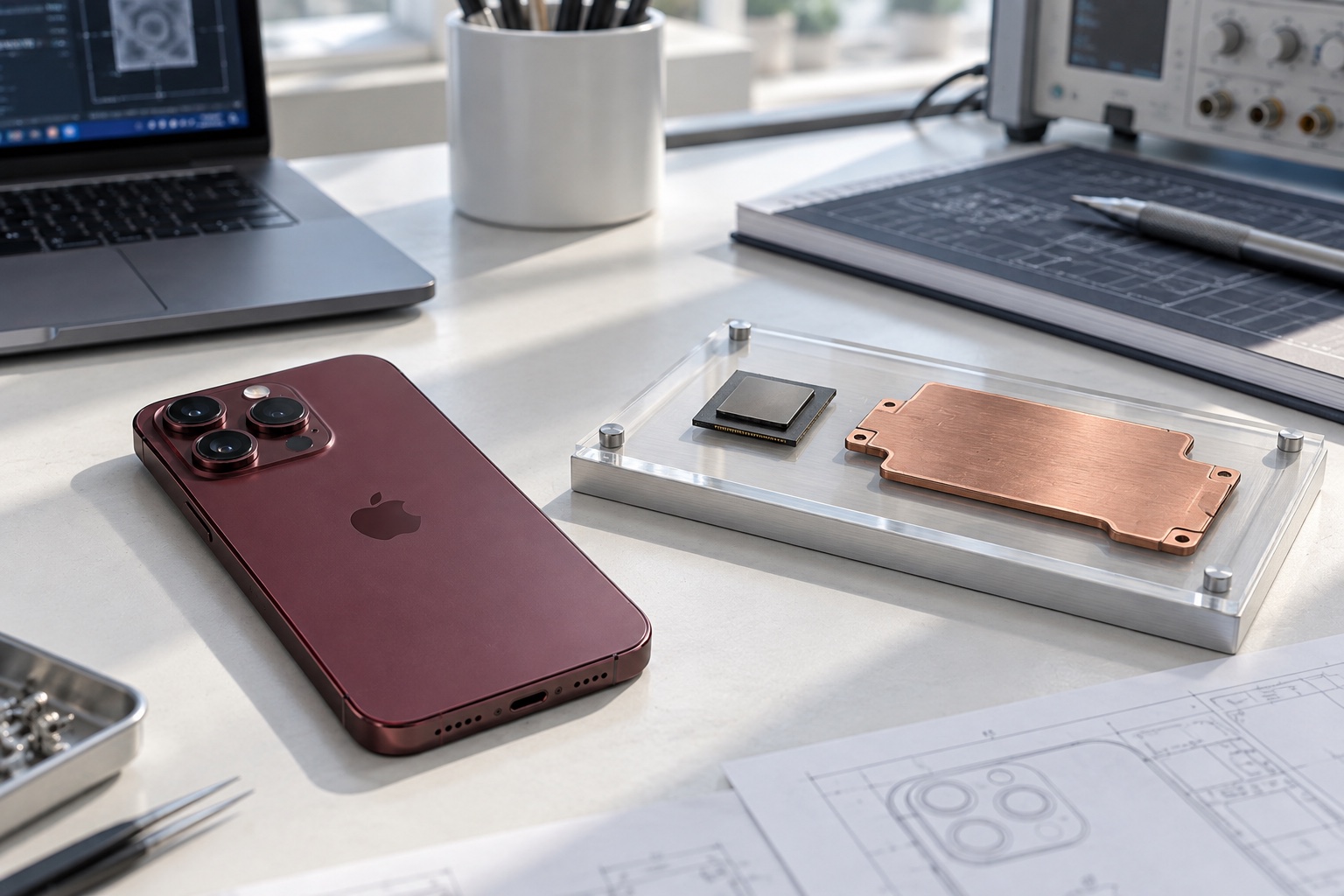 Чип A20 Pro и система охлаждения iPhone 18 Pro в светлой технической композиции
