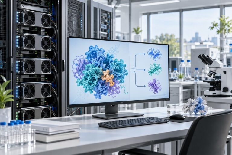 Conceptual editorial visualization of computational biology with GPU servers and a complex protein-structure model