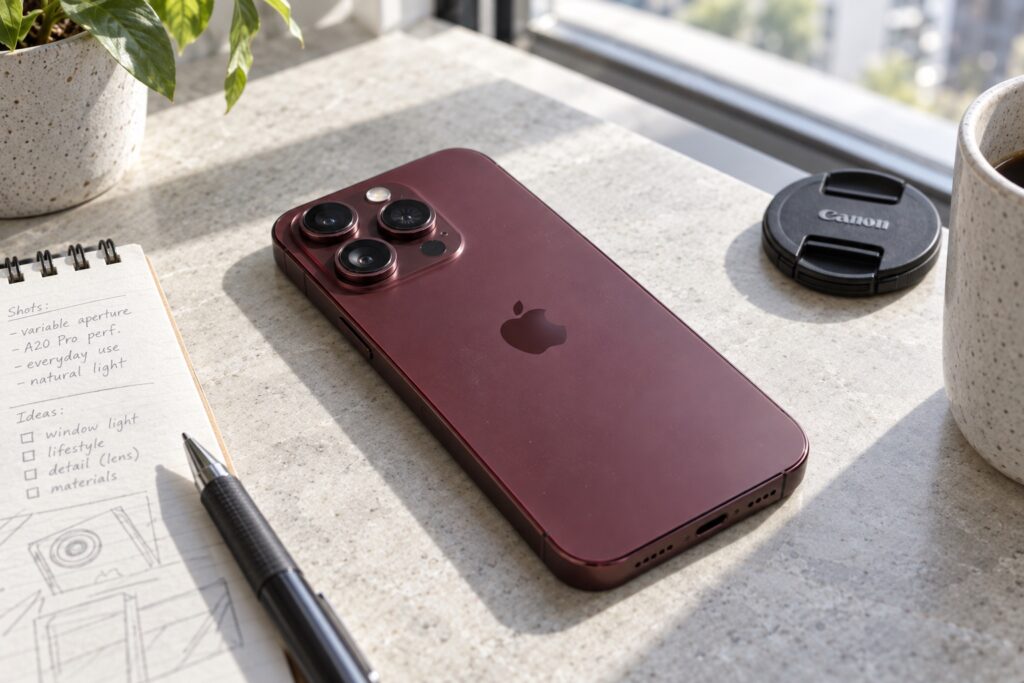 Редакционная иллюстрация к материалу «iPhone 18 Pro получил переменную диафрагму, 2-нм чип и новую Siri AI»