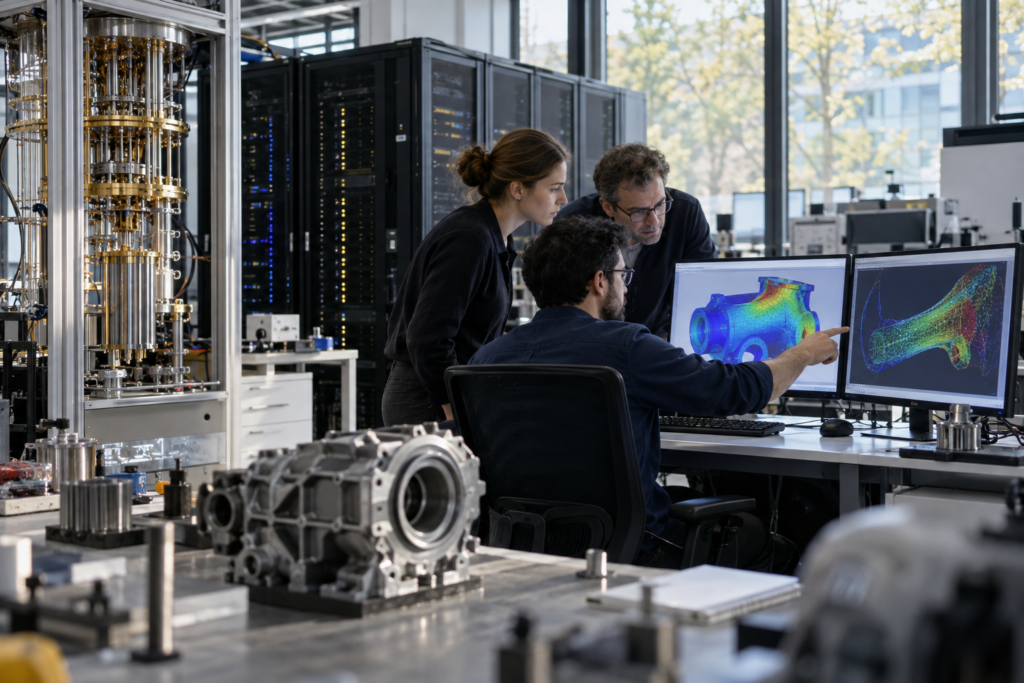 A photorealistic engineering simulation lab combining classical high-performance computing with a conceptual trapped-ion quantum system.