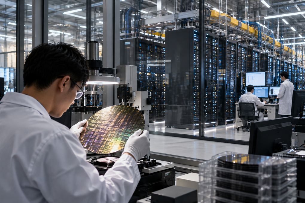 A semiconductor engineer inspects a silicon wafer beside a modern AI data center, representing Alibaba's vertically integrated AI infrastructure strategy.