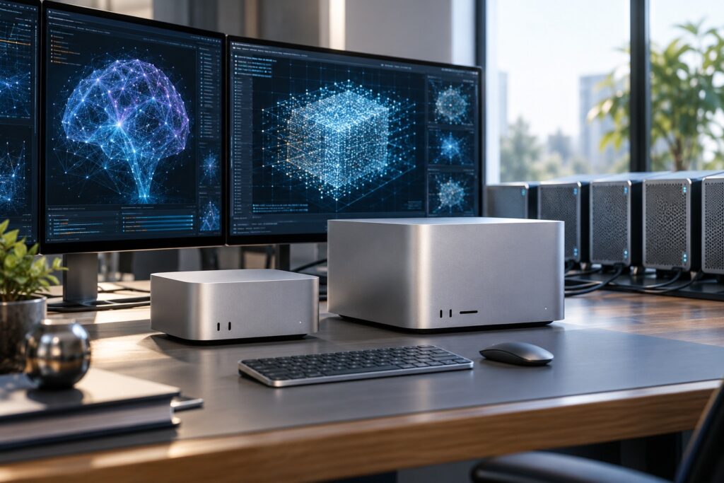 A photorealistic desktop AI workstation built around compact high-end computers and large local-model visualizations.