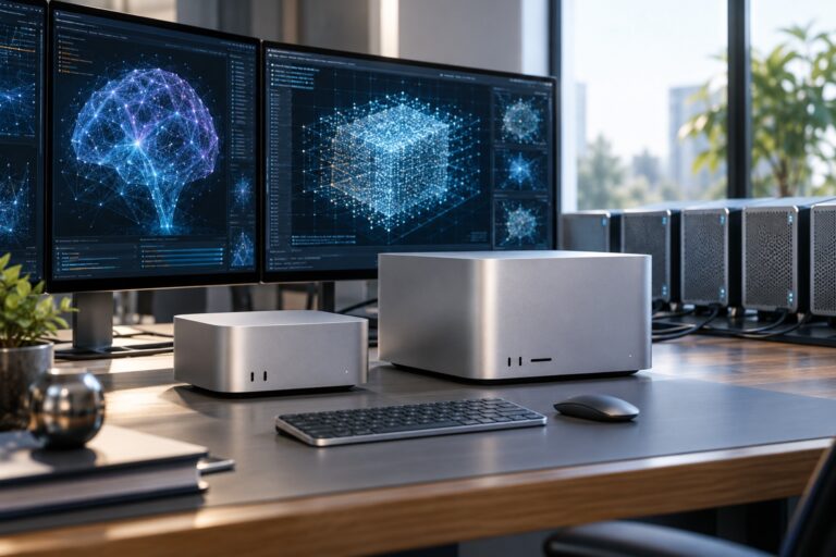 A photorealistic desktop AI workstation built around compact high-end computers and large local-model visualizations.