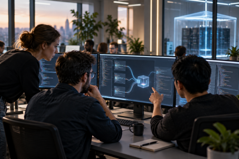 A photorealistic software engineering team evaluating a long-running AI coding agent in a modern lab.