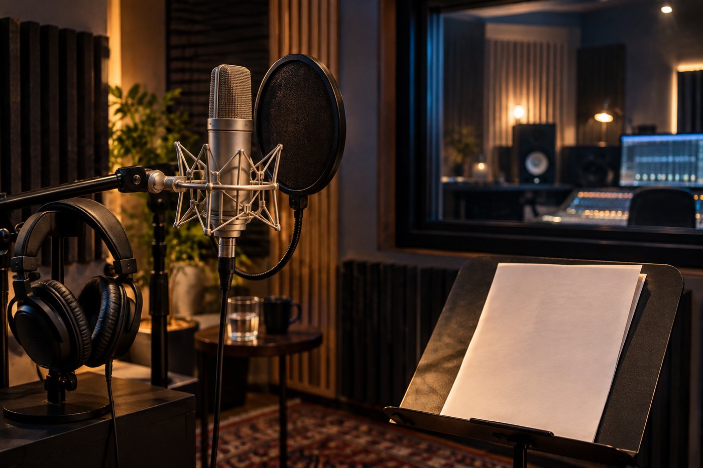 A studio microphone, headphones and an empty music stand inside a professional vocal booth.
