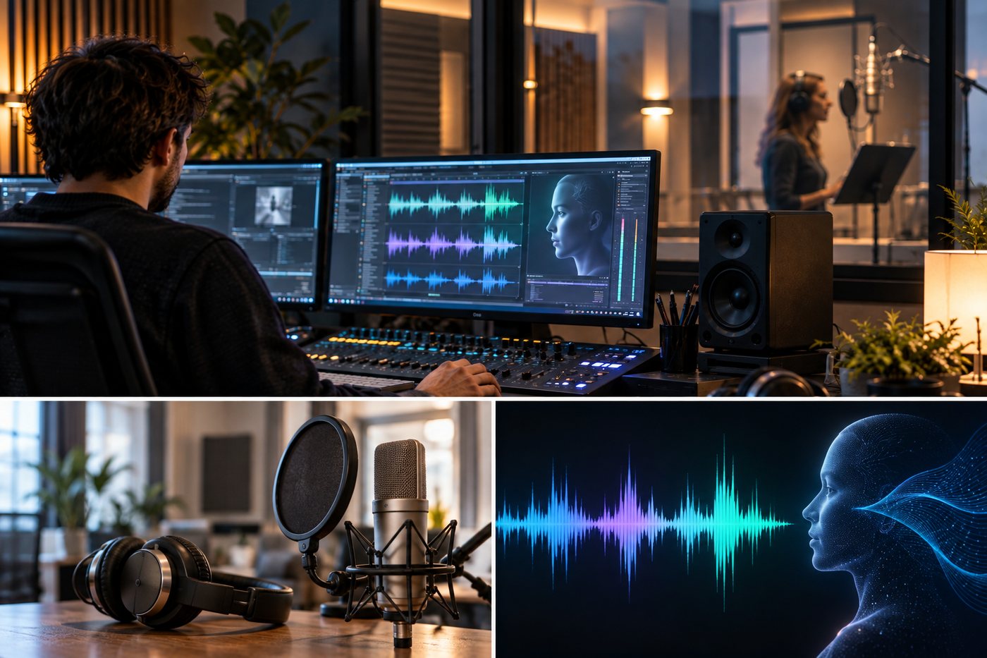 An audio engineer workstation with multitrack audio, a microphone and a separate vocal booth.