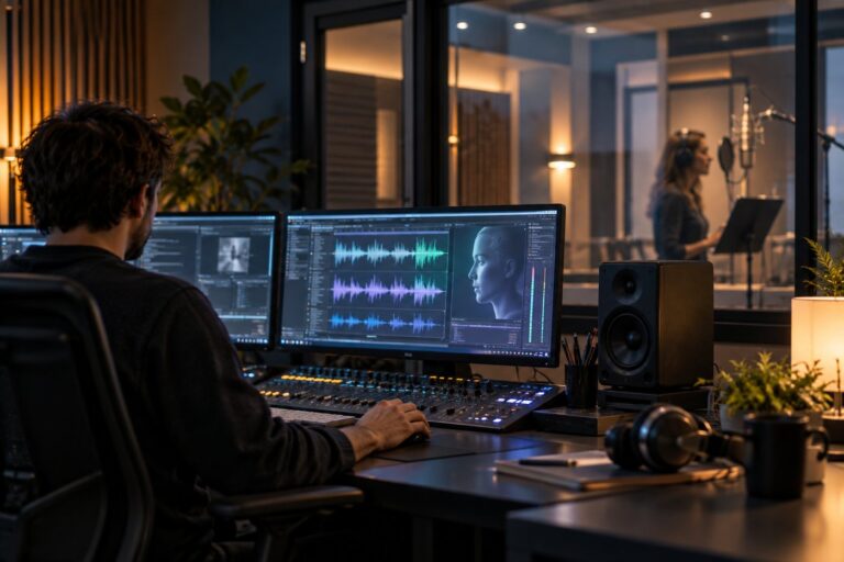 A modern voice-production studio with a recording booth, audio workstation and professional microphone setup.