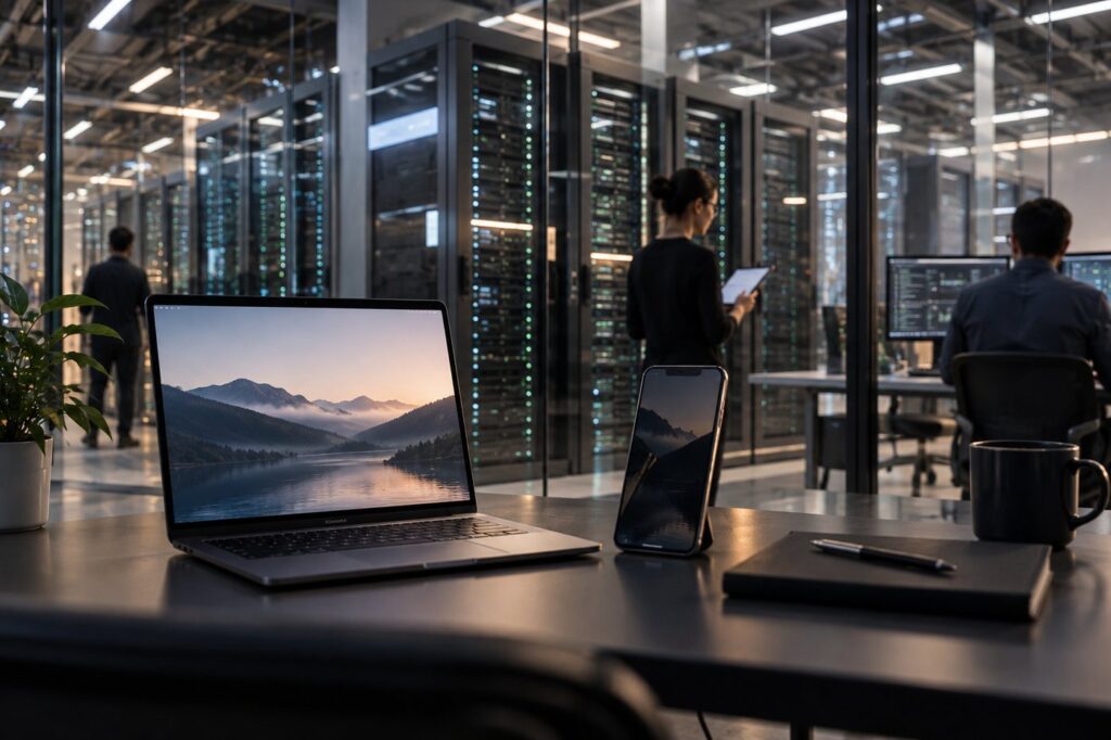 A conceptual secure cloud-computing environment linking personal devices with protected data-center infrastructure.