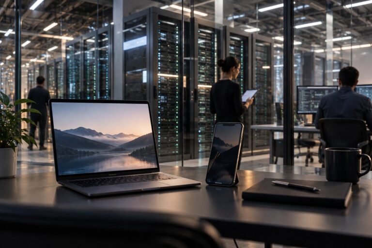 A conceptual secure cloud-computing environment linking personal devices with protected data-center infrastructure.