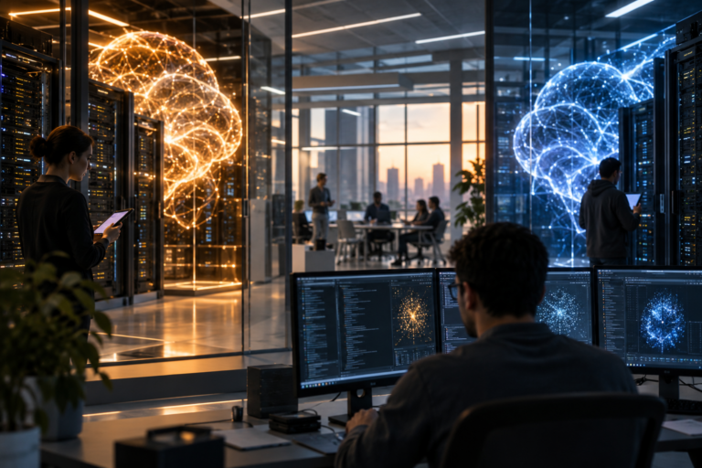A photorealistic AI engineering lab representing the launch of new efficient frontier models.