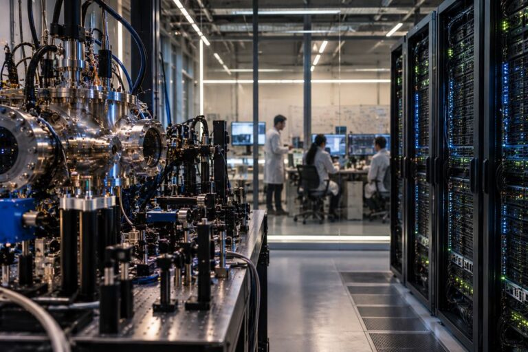 A realistic quantum research lab combining precision vacuum hardware with adjacent high-performance computing racks.