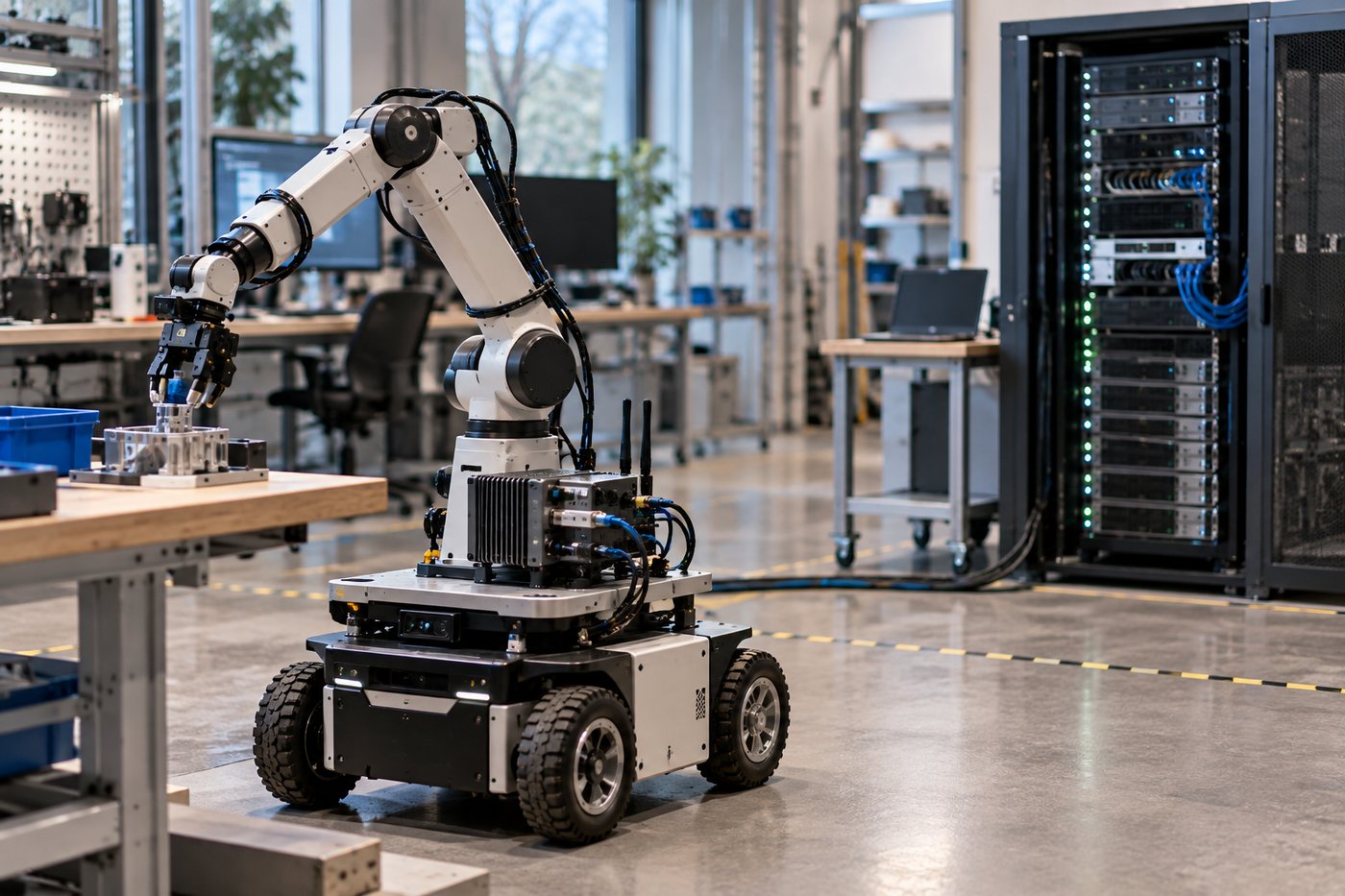 A mobile manipulator working beside a local edge-computing server rack.