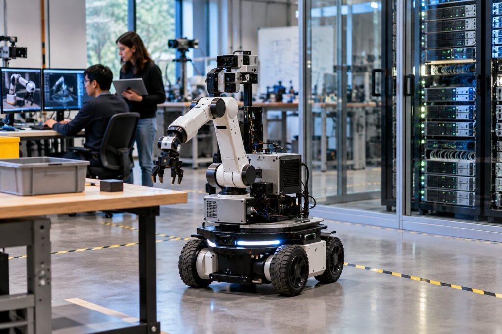 A conceptual robotics lab where a mobile manipulator operates beside an external edge-computing rack.