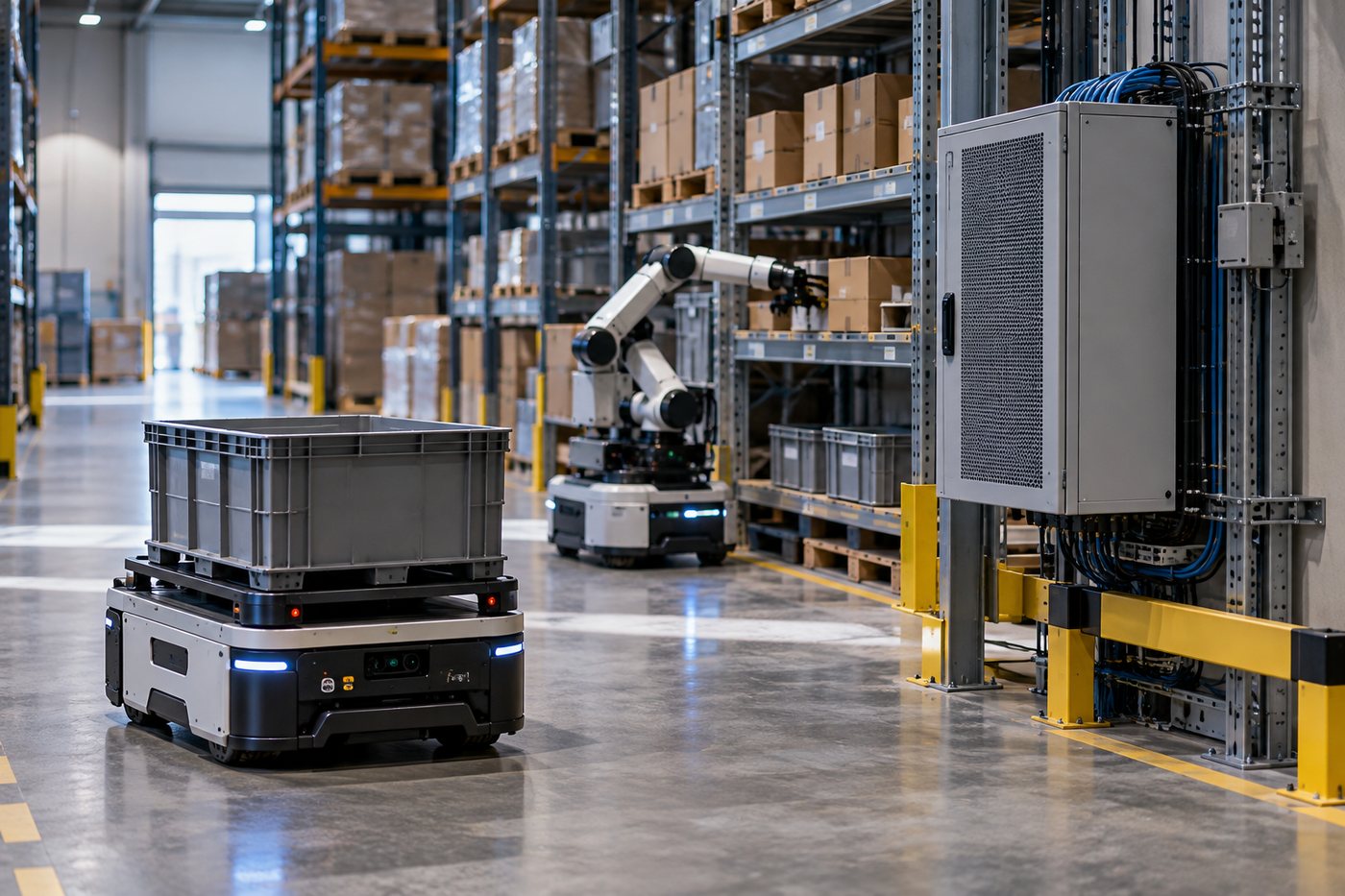 Autonomous robots operating in a modern warehouse beside a local computing cabinet.
