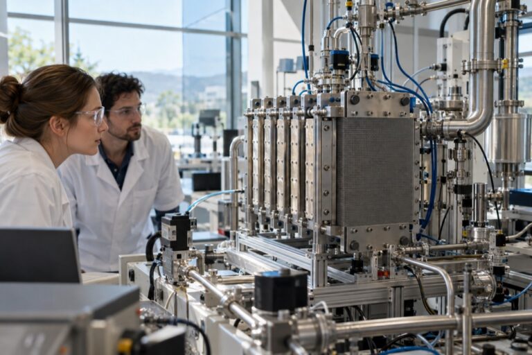 A photorealistic electrochemical carbon-capture laboratory with a modular membrane stack and scientific instrumentation.