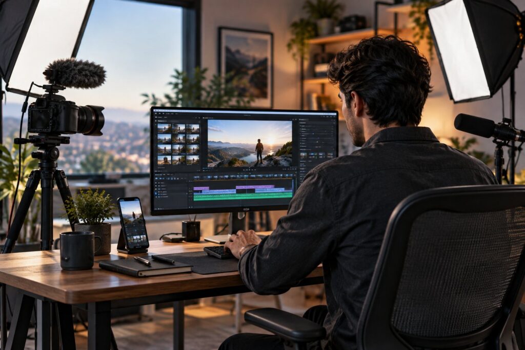 A conceptual modern creator studio with professional video-editing equipment and AI-assisted production tools.