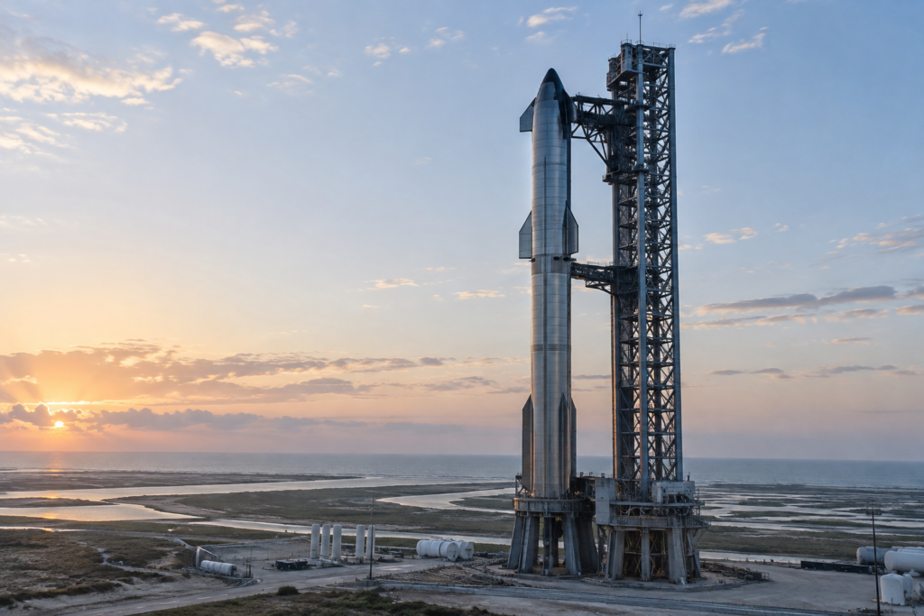 Starship on a launch pad ahead of its first orbital flight